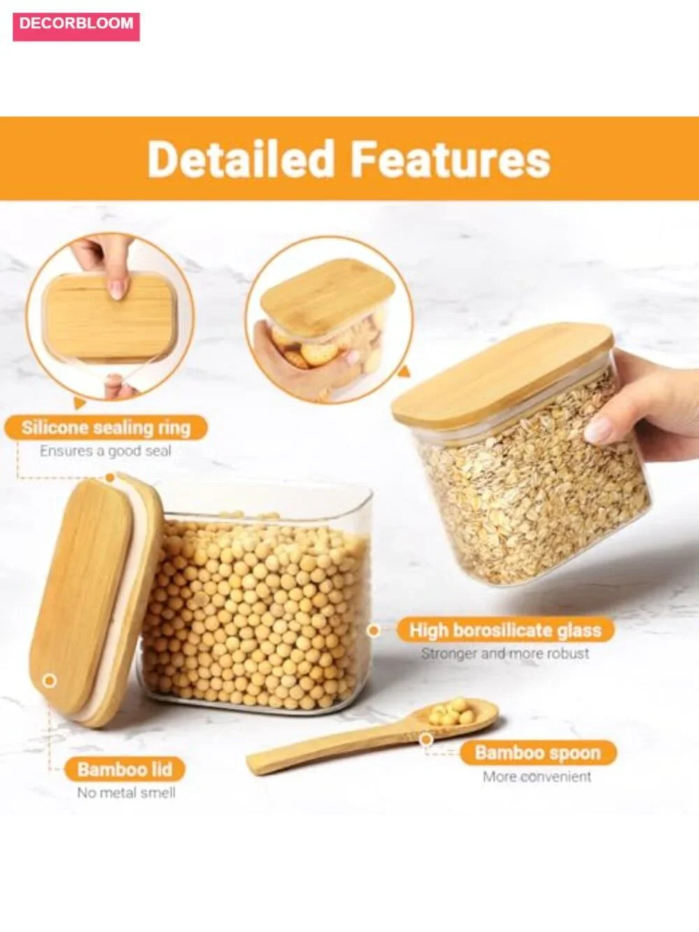 2pk 23oz Rectangular Glass Storage Jars with Bamboo Lids Airtight Kitchen